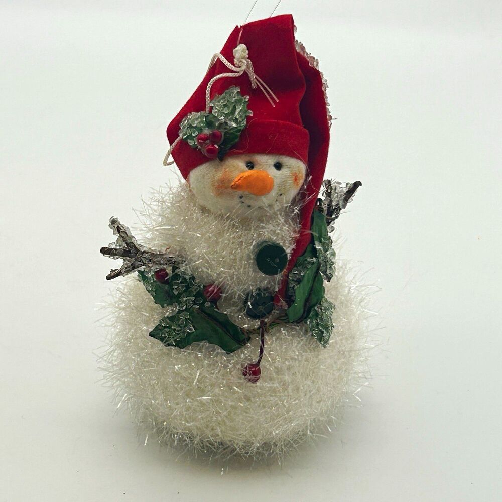 Snowman Christmas Hanging Ornament White Tinsel Red Hat Holly 6in Small